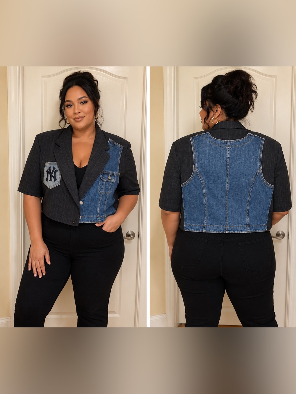 Upcycled Mixed-Media Cropped Blazer Jacket with NY Patch - Black & Blue size 2X